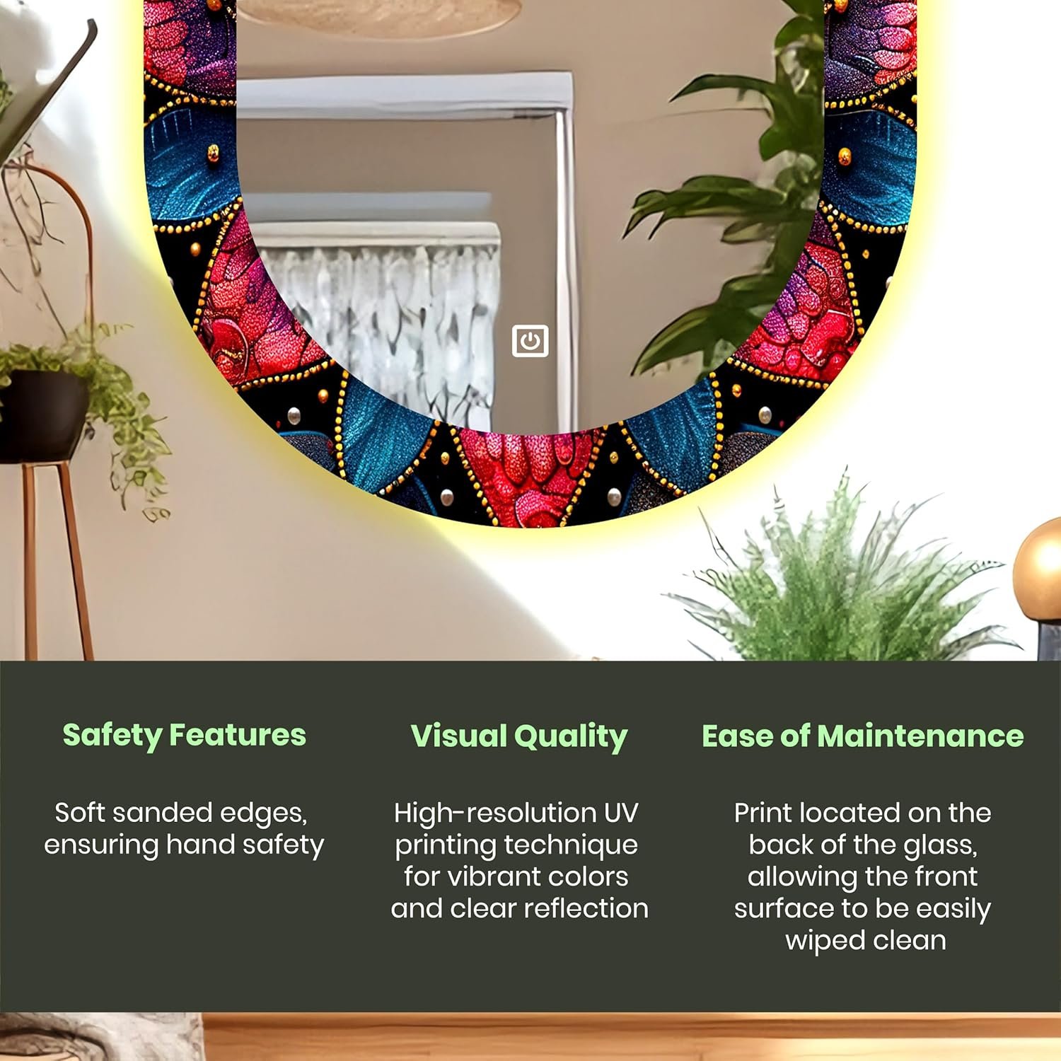 17.5 x 23.5 Inch Capsule LED Touch Sensor Mirror with UV Print Design – 3 Light Modes (Warm, White, Natural White).