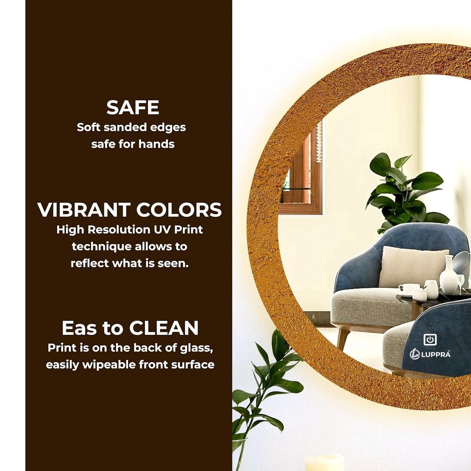 Glass Round Unique UV Printed Design led Mirror 3 Led Lights(Warm,White,Natural White,Size 24X24 Inch).