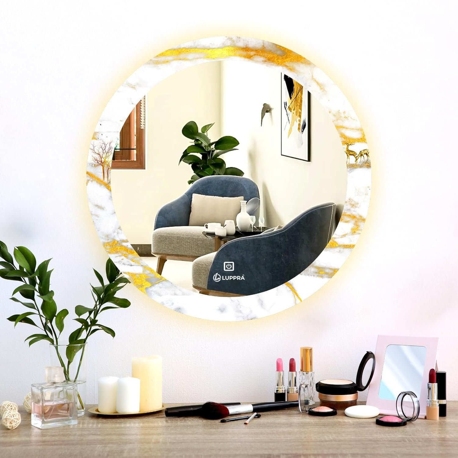 Round 24X24 Inch Touch Sensor UV Printed Design LED Mirror with 3 Light Tone (Warm,White,Natural White).