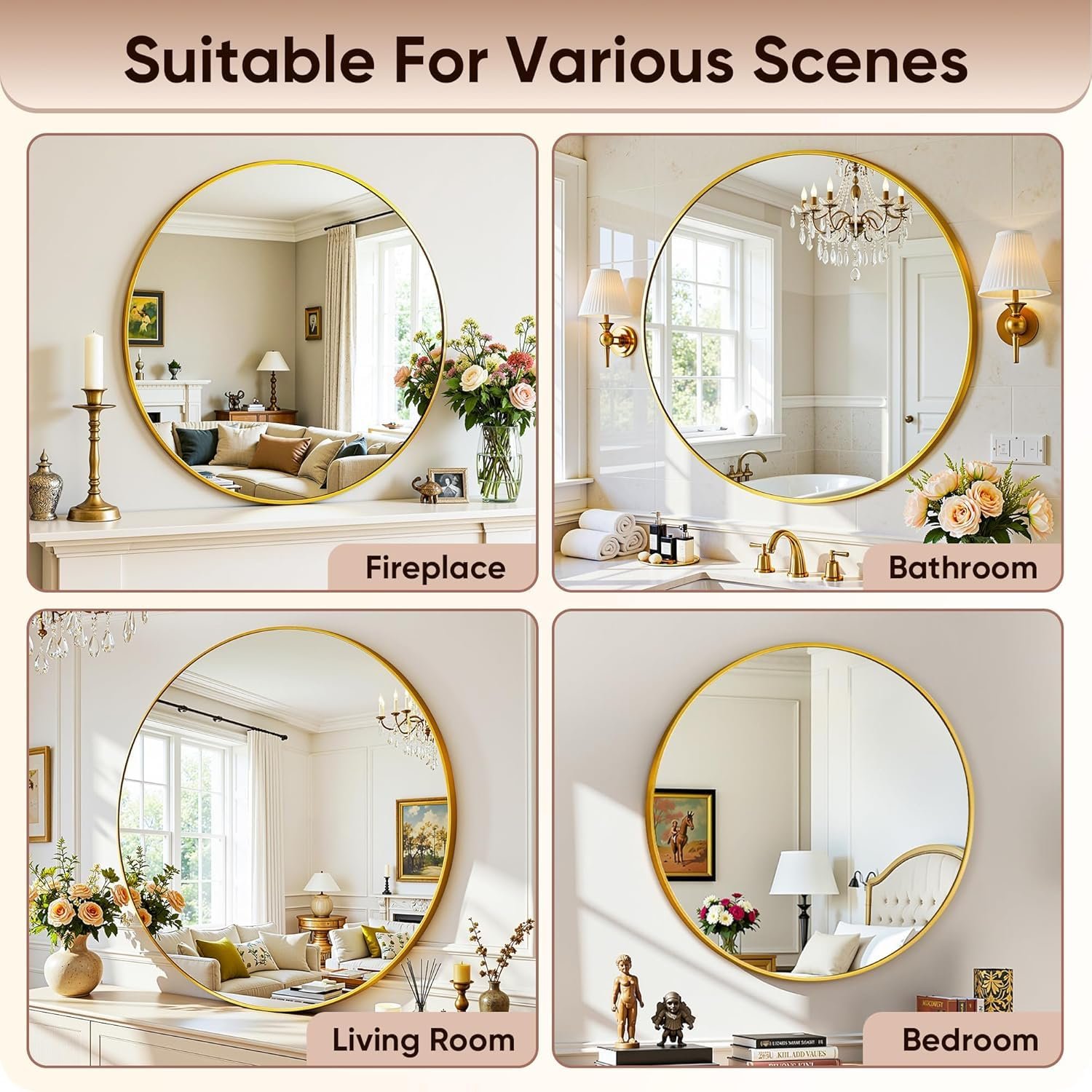 Gold Round Wall Mirror 24 Inch | Decorative HD Clear Mirror for Bedroom, Bathroom, Vanity, Wash Basin & Living Room | Aluminum Frame, Aesthetic Home Decor