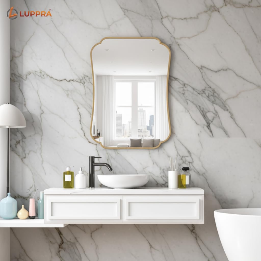 Gold Bathroom Vanity Mirror – 12x18 Inch Scalloped Frame, Brushed Antique Wall Mirror for Home Remodel & Décor