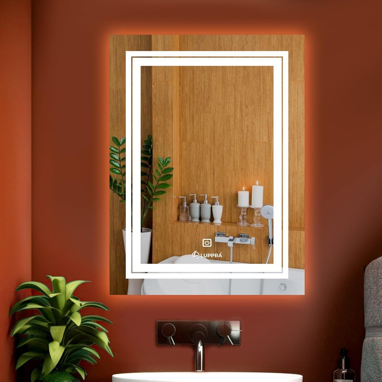 LUPPRA Glass Rectangular 18x24 Inch Wall-Mounted LED Mirror with Smart Sensor and 3-Color Light (Warm, White, Natural) | Mirror Light, Wash Basin Wall and Fancy Washbasin Mirror,Smart LED Des