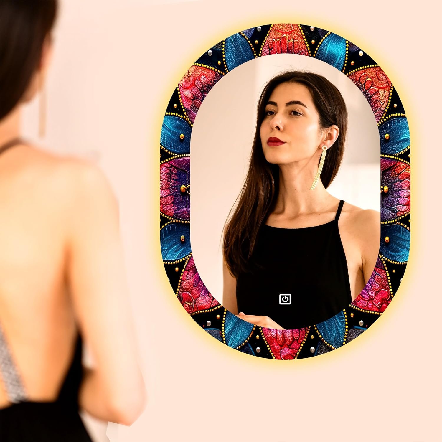17.5 x 23.5 Inch Capsule LED Touch Sensor Mirror with UV Print Design – 3 Light Modes (Warm, White, Natural White).