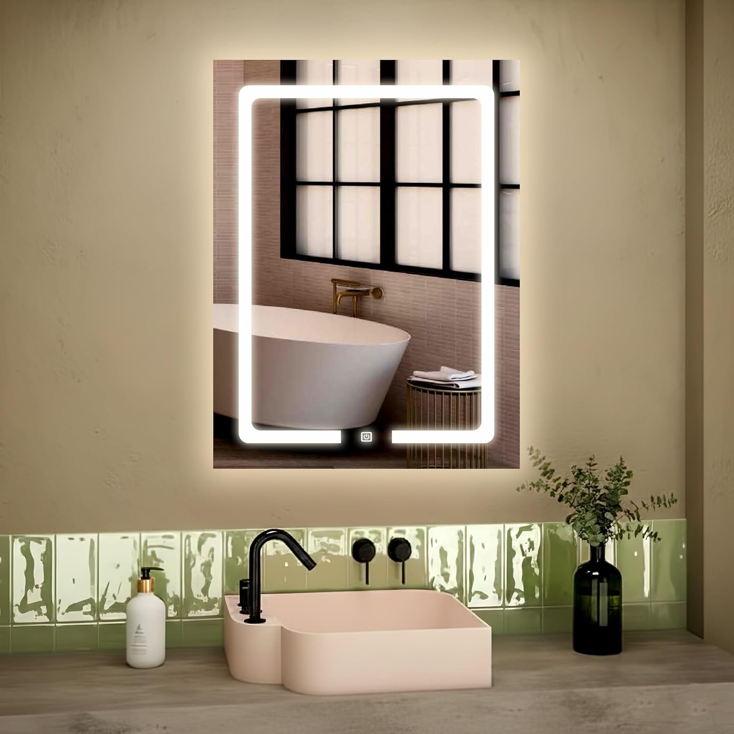 LUPPRA 18x24 Inch Rectangle LED Wall Mirror with Smart Touch Sensor, 3 Color Adjustable Lighting (Warm, Natural, White) – Modern Wall-Mounted Smart Mirror...