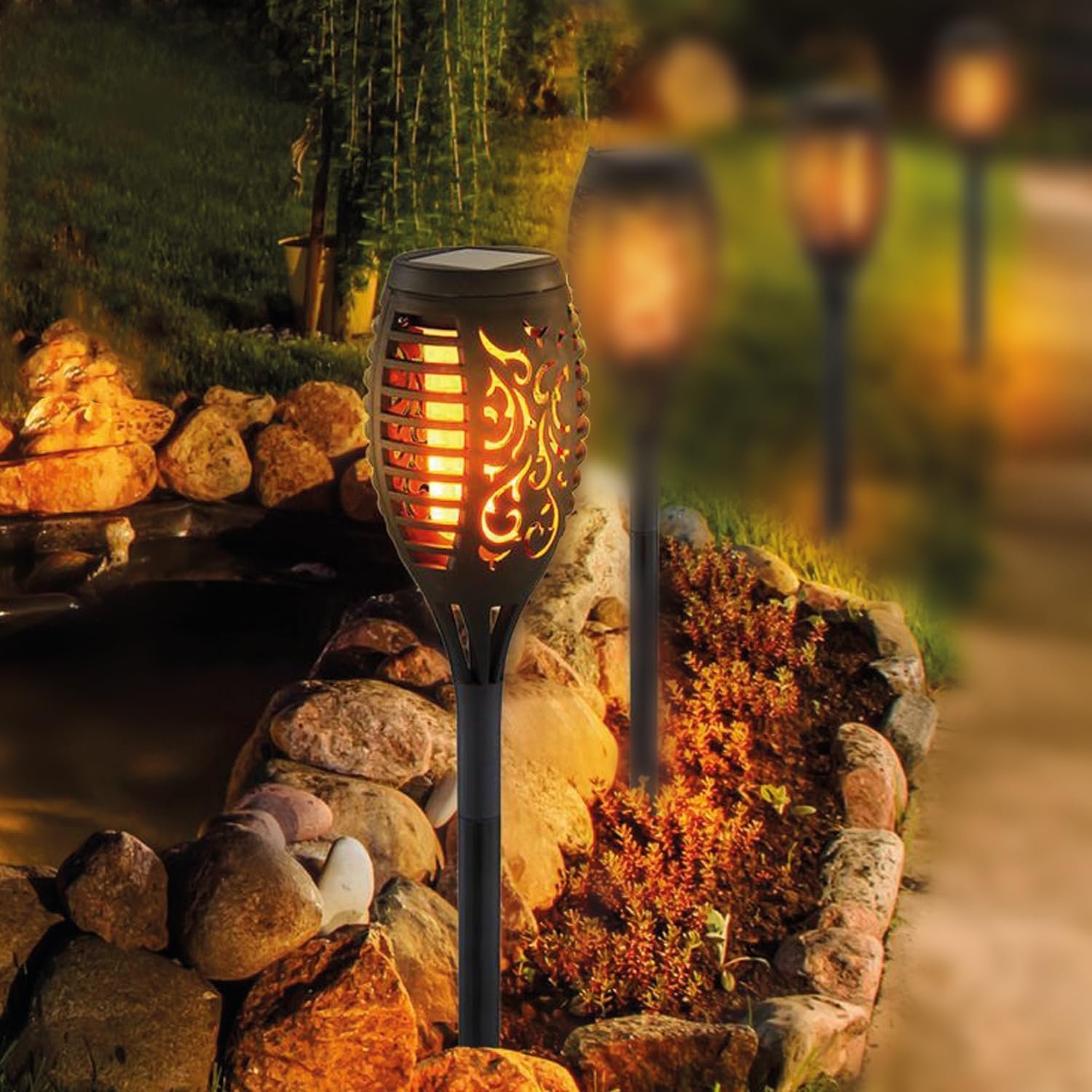 Solar Lights Outdoor Waterproof Dancing Fire Mashaal Flame Torch 96 LED 2200 mAh Battery Lantern Landscape Decoration Lighting Auto On/Off for Garden Balcony Driveway's (Large Size Pack of 1)