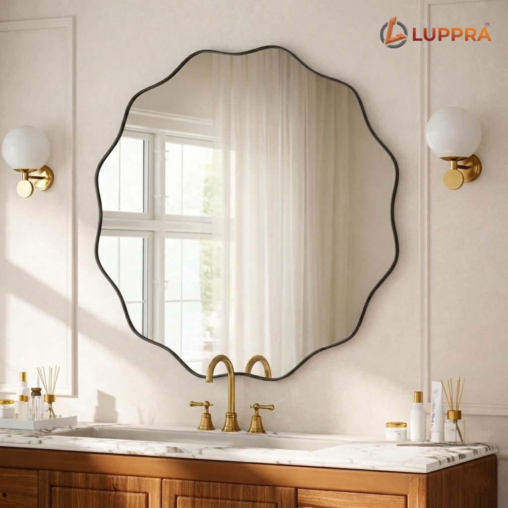 18x18 Black Scalloped Wavy Round Mirror – Tempered Glass with Textured Deep Metal Frame, Stylish Wall & Leaning Mirror for Bathroom, Hallway, Entryway, Living Room