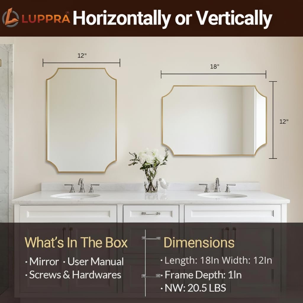 Elegant Gold Scalloped Vanity Mirror – 12x18” Brushed Gold Anti-Rust Bathroom Wall Mirror, Perfect Home Remodel Accent