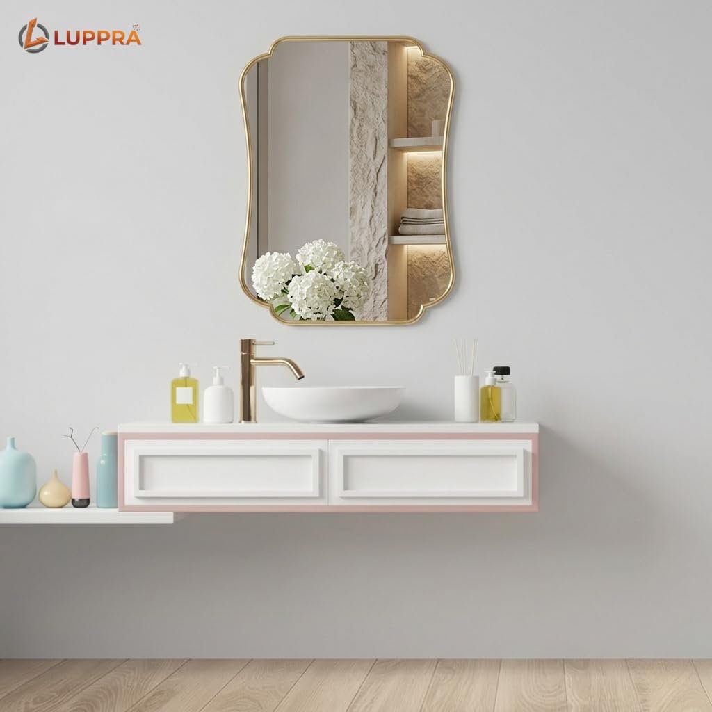 Gold Bathroom Vanity Mirror – 12x18 Inch Scalloped Frame, Brushed Antique Wall Mirror for Home Remodel & Décor