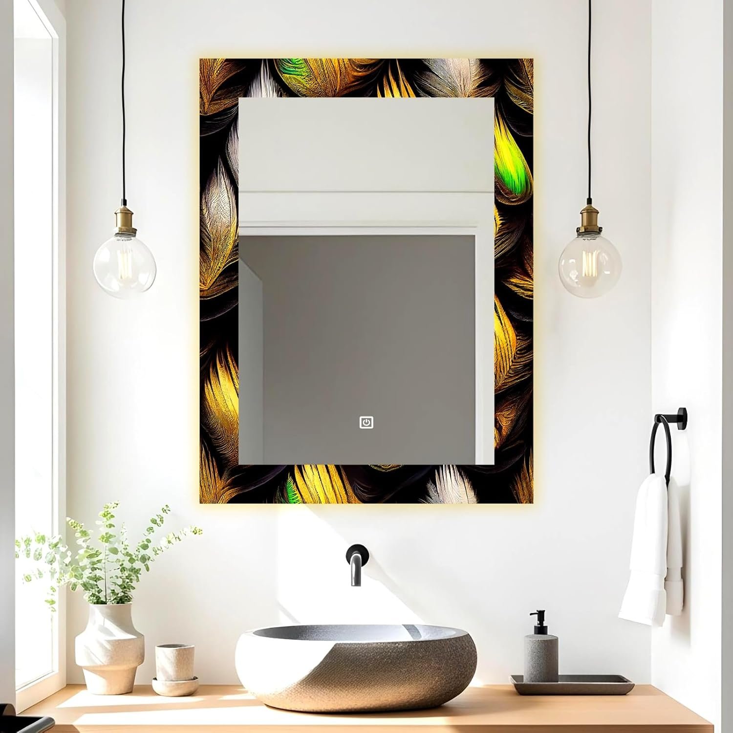 Rectangle LED Touch Sensor Mirror with UV Printed Design – 3 Light Tones (Warm, White, Natural White) 18×24 Inch.