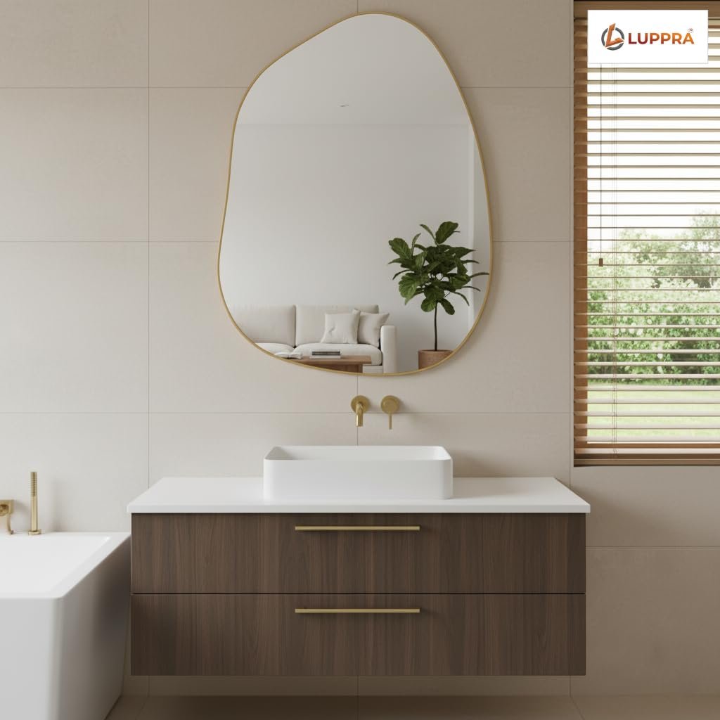 Irregular Asymmetrical Wall Mirror – Modern Gold Wood Frame, Decorative Wall-Mounted Mirror for Bathroom, Bedroom, Living Room & Entryway (12"x18")