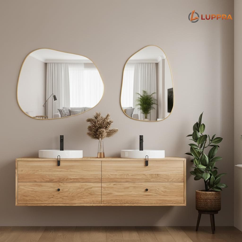 Irregular Asymmetrical Wall Mirror – Modern Gold Wood Frame, Decorative Wall-Mounted Mirror for Bathroom, Bedroom, Living Room & Entryway (12"x18")
