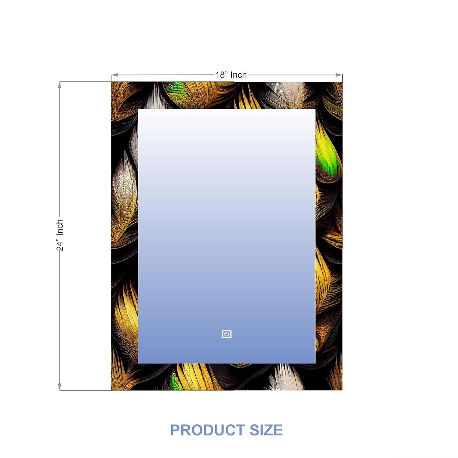 Rectangle LED Touch Sensor Mirror with UV Printed Design – 3 Light Tones (Warm, White, Natural White) 18×24 Inch.
