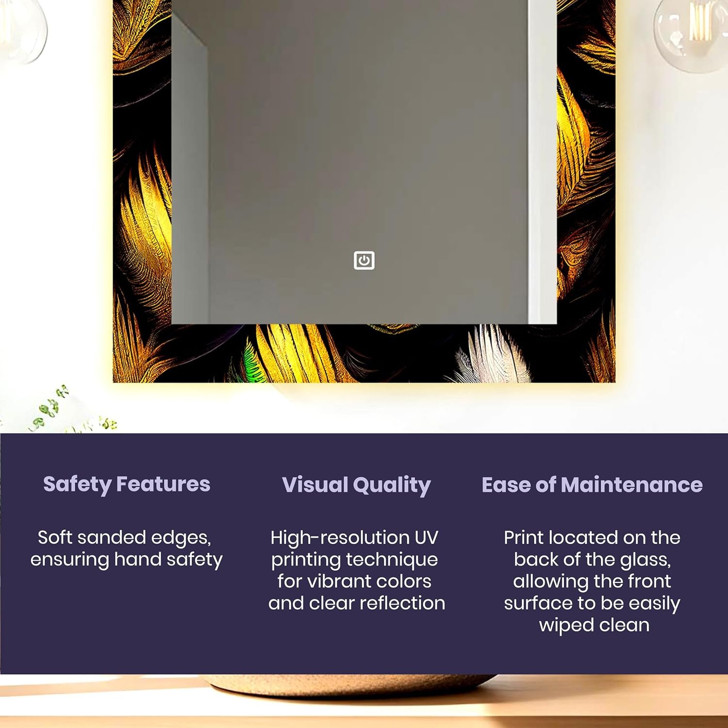 Rectangle LED Touch Sensor Mirror with UV Printed Design – 3 Light Tones (Warm, White, Natural White) 18×24 Inch.