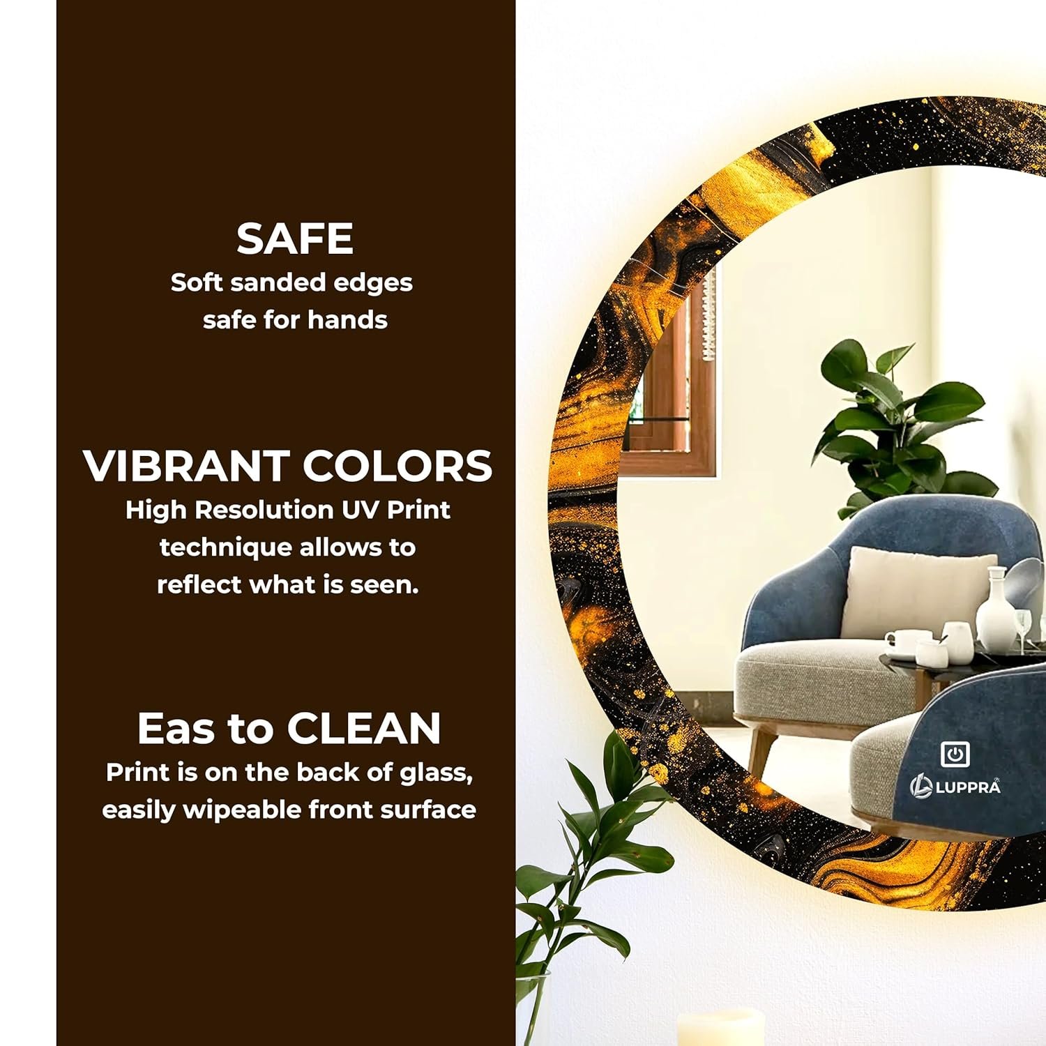 24X24 inch Round UV Printed Decorative LED Mirror with Led Light for Wash Basin with Smart 3 Light Tone (Cool White,Natural White and Warm White).